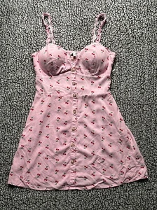 Pink Cherry Print Vintage Style Flare Dress Built-In Bra Large Little Stretch - Picture 1 of 9