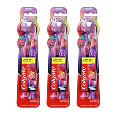 Лот из 3 двойных упаковок Colgate Kids Trolls очень мягкая зубная щетка с присоской, 5+ - Изображение 1 из 2