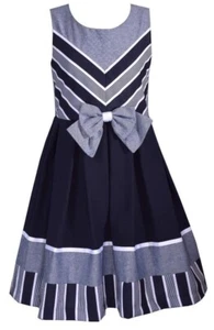 NWT Bonnie Jean Girls 8 Nautical Sleeveless Bow Navy Blue Stripe Chambray Dress - Picture 1 of 3