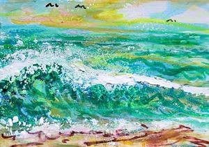 ORIGINAL ACEO Painting OCEAN Beach Waves Birds Blue Sky Summer Shore Sea ATC ART - Afbeelding 1 van 1