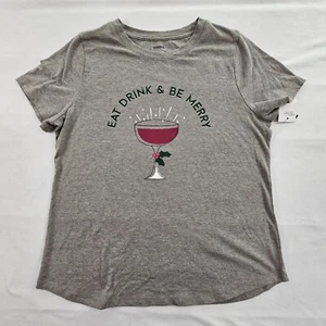 Eat Drink & Be Merry Christmas Gray Short Sleeve Cotton Blend T-Shirt Women's M - Picture 1 of 9