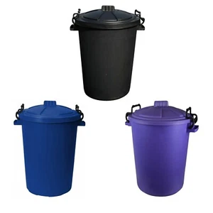 3 x Plastic 50 Ltr Dustbin Storage Heavy Duty Locking Lid Black, Blue & Purple - Picture 1 of 12