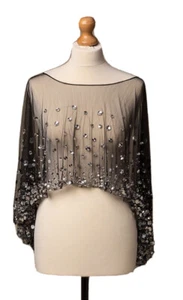 Women Wedding Black Crystal Shawl, Cape Bolero Jacket Tulle Black Shawl - Picture 1 of 12