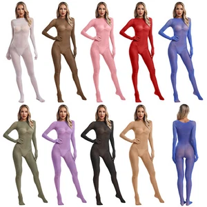 Womens Jumpsuit Nylon Full-body Nightwear Bodysuit Gloved Clubwear Long Sleeve - Picture 1 of 68
