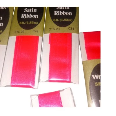 Vtg Wrights 5/8" Satin Ribbon Hot Pink 6 ft Each Lot of 9 Craft Sewing Trim - Image 1 of 4