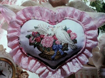 Cross Stitch VALENTINE DAY HEART Love BIRDS Pattern Roses Pink Red - Image 1 of 4