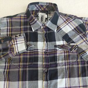 Ocean Current Adult Large Black/Purple/Gray Plaid Long Sleeve Button Up Flannel