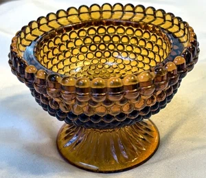 Pedestal, Thick Beaded, Amber Glass Bowl, Thousand Eye Pattern Antique - Picture 1 of 11
