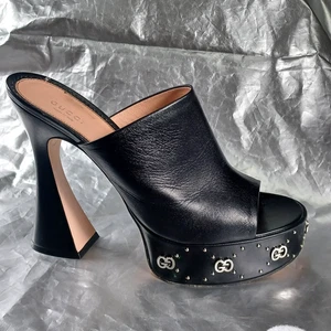 Gucci Janaya Platform Slide Sandal 42 11.5 Black Heels Peep GG Monogram Studded - Picture 1 of 16