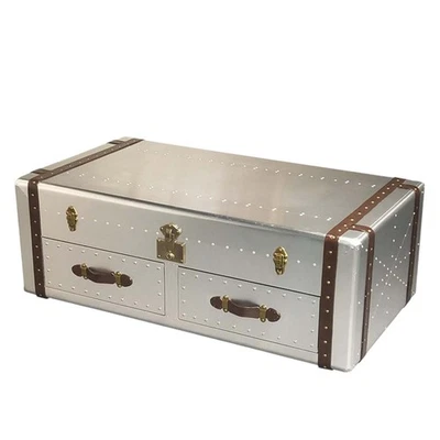 Cofre de almacenamiento turco remachado de aluminio aviador con asas de cuero para el hogar Foto 1 de 4