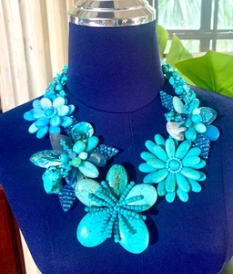 Handmade Turquoise Beaded Statement Necklace Chunky Floral Shell Boho Jewelry - Picture 1 of 8