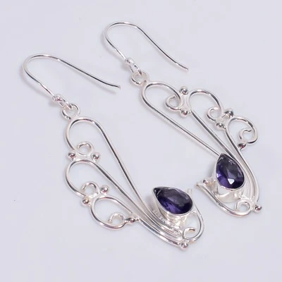 Pendientes de plata de ley 925 con piedras preciosas de iolita de colección 2,3" KE488 S963 Foto 1 de 4