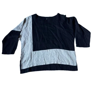 Camicetta pullover Lisa Bayne donna L 100% lino top camicia nera righe Lagenlook - Foto 1 di 5