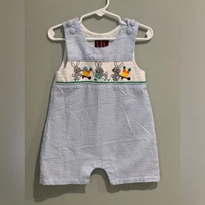 LIL CACTUS LT BLUE SEERSUCKER STRIPED SMOCKED SHORTALL Size 6-12 Months - Picture 1 of 7