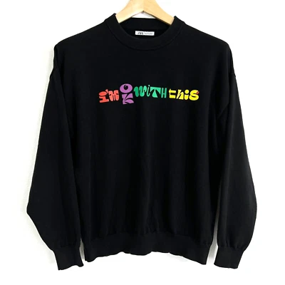 ZARA Sweater Mens Large Text Print Long Sleeve Cotton Tight Knit Black Pullover - Image 1 of 4