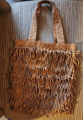 复古棕褐色麂皮绒 Scully 女式皮革流苏单肩包托特包 — 第 1/4 张图片