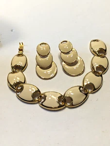 Vergoldete Creme Emaille Glieder Statement Armband & Ohrringe Set Vintage - Bild 1 von 7