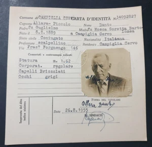 Scheda Carta D'Identità Documento Comune Campiglia Cervo BIELLA 1955 (VR231) - Picture 1 of 2