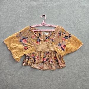 Free People Women Top XS Yellow Floral Blouse Boho Cropped Crochet Flared Sleeve - Picture 1 of 6