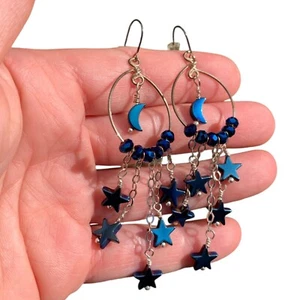 Blue Titanium Coated Hematite Moon & Star Earrings Silver Celestial Jewelry Gift - Picture 1 of 10