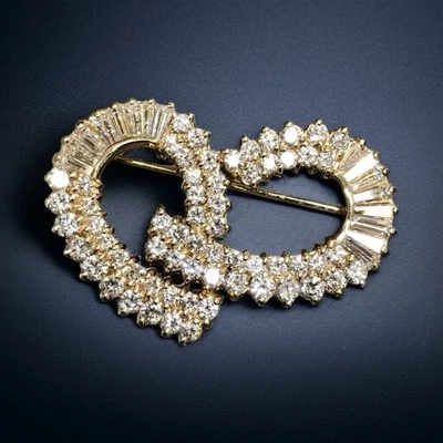 Vintage 14K Baguette Round Diamond Swirl Heart Brooch Pin 6.40ctw G Vs1 - Image 1 of 4