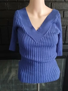 Y2K CITY STREETS Women V Neck  Ribbed Purple Top  3/4 Sleeve Shirt Stretch  Sexy - Picture 1 of 12