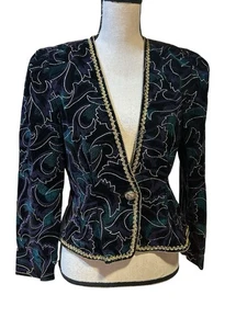 Vintage Nah Nah Collection Sz P8 Velvet Blazer Purple/Green w/Gold Trim Peplum - Picture 1 of 8
