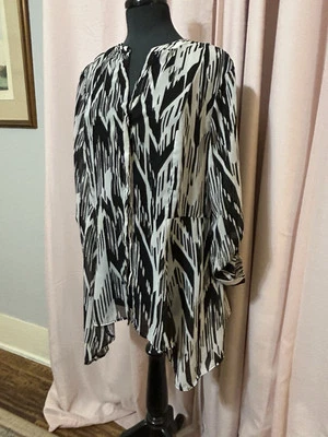 Cato Chiffon Tunic Top Black Print Size L Semi Sheer 3/4 Sleeve Handkerchief - Image 1 of 4