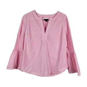 J Crew 10 Blouse Pink White Stripe Bell 3/4 Sleeve Split Neck Coastal Preppy - Picture 1 of 8