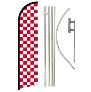 Red & White Checkered Windless Advertising Banner Flag & Pole Kit - Picture 1 of 9