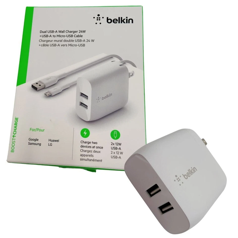 Cargador de Pared Doble USB-A Belkin Boost Charge 24W + Cable USB-A a Micro-USB Viaje Foto 1 de 4