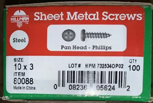 100 Hillman #10 X 3" Phillips Pan Head Zinc Plated Sheet Metal Screw 80088 - Picture 1 of 1