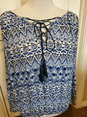 Panhandle womens M blouse aztec Boho Cowgirl Western Top lace up blue NWT - Image 1 of 4