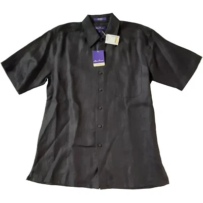 Camisa Alan River Para Hombres Negra Pequeña 100% Lino Manga Corta Nueva Foto 1 de 4