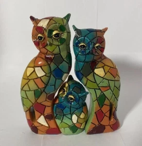 Decorative Mosaic Multi-coloured Family of Owls Figurines - Picture 1 of 5