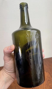 CRUDE 1881 WHITTLED OLIVE GREEN FERRO CHINA BISLERI MILANO SEEDED TONIC BOTTLE - Picture 1 of 16