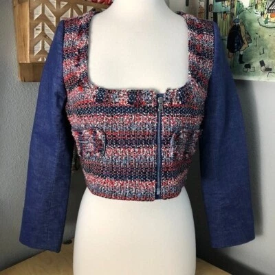 Jaqueta cropped feminina CARVEN mistura de linho tamanho 38 EUA 8/10 azul vermelha Boucle denim - Imagem 1 de 4