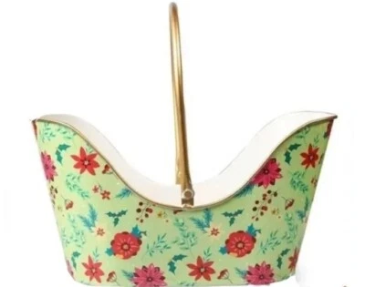 Mujer Pionera ~ Metal ~ Cesta de Vacaciones con Asa ~ 6" x 12" x 13" ~ FLORAL Verde Foto 1 de 4