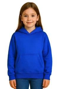 Kids Girls Boys Sweat Shirt Tops Plain Royal Blue Hooded Jumpers Hoodies 2-13 Yr - Picture 1 of 8
