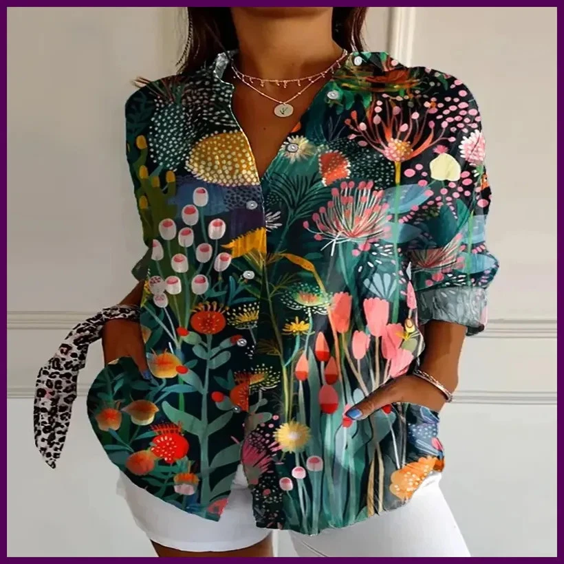 2025 Nueva Camisa Retro Floral Estampado Arte Informal Lino Moda Bonita Camisa Rápida Foto 1 de 4