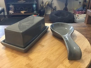 Mainstays 2pc Grey Gray Ceramic Butter Dish With Lid And Spoon Rest - Picture 1 of 6