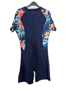 Navy Floral Short Sleeve Zip Swimsuit One Piece Surf Suit Modest Swimwear XL - Picture 1 of 2