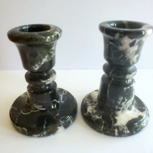 Vintage Solid Polished Marble Stone Set of 2 White Black Gothic Candle Holders - Picture 1 of 6
