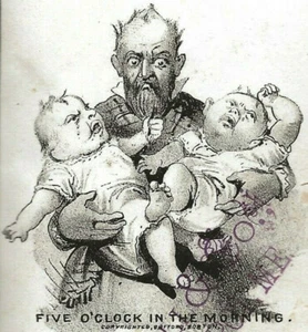 c1890s-Man & Babies-5 O’Clock In The Morning-O.E. Lowell & Co-Kennebunk Depot ME - Picture 1 of 4