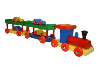 Zug Eisenbahn (54 cm lang) beladen mit 4 Autos Nachziehzug (Holz), NEMMER 45129