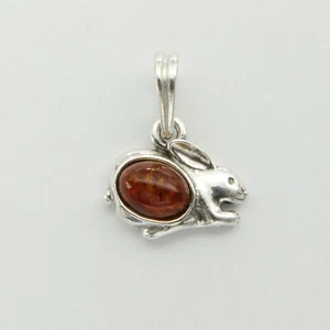Brown BALTIC AMBER Rabbit / Easter Bunny Pendant - 925 STERLING SILVER #4907e - Picture 1 of 3