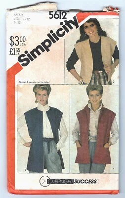 VTG uncut 1980S SIMPLICITY SEWING PATTERN 5612 VEST 3 SIZES, EASY SEW SZ S 10 12 - Image 1 of 2