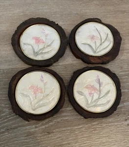 Vintage Set Of 4 Wooden Coasters W/Mother Of Pearl Inlay Hand Made In Thailand - Picture 1 of 11