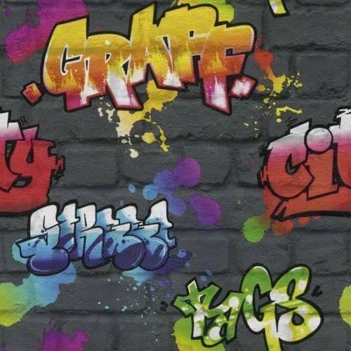 BLACK / MULTI - 237801 - URBAN GRAFFITI BRICK EFFECT - KIDS CLUB RASCH WALLPAPER — 第 1/1 张图片