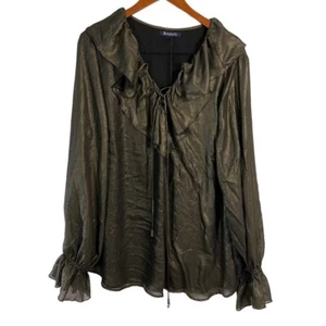 Roamans Metallic Gold Blouse 24W Ruffled Draped Collar Long Sleeves Formal Top - Picture 1 of 7